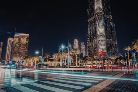 A nighttime view of the Dubai cityscape with a focus on the skyscrapers and a busy street with...