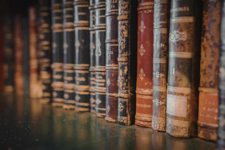 A close-up view of a row of old leather-bound books with gold accents on their spines, standing...