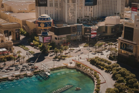 An aerial view of the Las Vegas strip showcasing a large pool and surrounding buildings