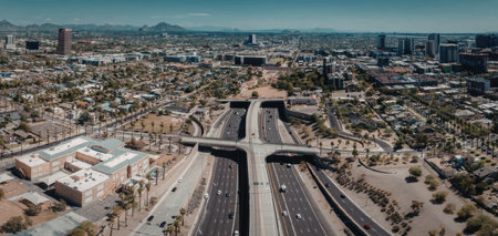 An aerial view of a city with a complex highway system and urban landscape