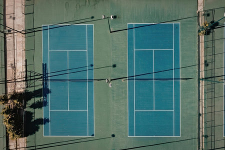 An aerial view of two blue tennis courts with white lines on a green surface, surrounded by trees.