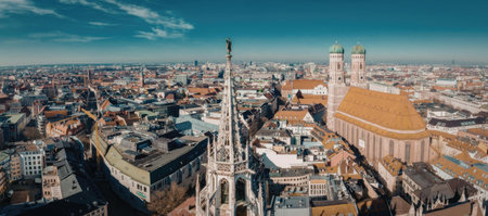 This image presents a panoramic view of a historic city center, showcasing a blend of architectural...