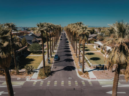 An aerial view of a suburban street lined with palm trees, featuring a black asphalt road with white...