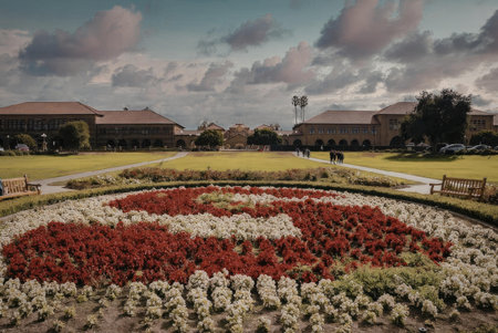 A vibrant floral garden featuring a large, intricately designed flower bed with red and white...