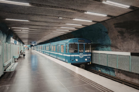 A blue train is arriving at a station platform with green and white decorations on the walls and...