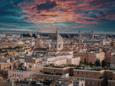 a cityscape with historic buildings and a vibrant sunset sky