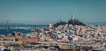 A panoramic view of San Francisco's cityscape with a prominent tower on a hill, a bridge over water,...