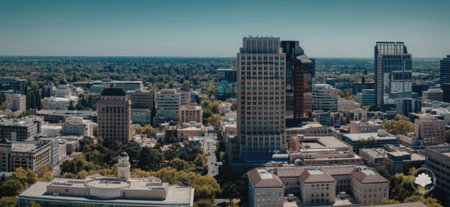 Aerial view of a city with tall buildings and greeneryの写真素材