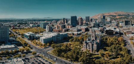 Aerial view of a city with a mountain in the background, featuring a mix of buildings, trees, and...