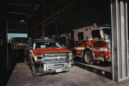 A red pickup truck and a fire truck are parked in a garage, with the fire truck partially visible.