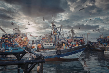 A serene harbor scene featuring fishing boats docked and ready for the day's catch, with a dramatic cloudy sky overhead.の写真素材