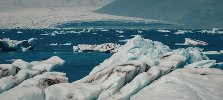 A serene landscape of glacier icebergs floating in a vast ocean, with a mountainous backdrop.