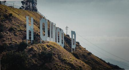 The iconic Hollywood sign on a hillside with a cloudy sky in the background.