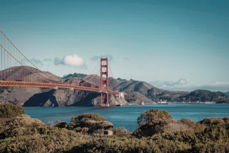 The iconic Golden Gate Bridge stands tall against a clear blue sky, with lush greenery in the...
