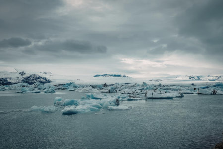 A serene landscape of icebergs floating on a body of water under a cloudy sky