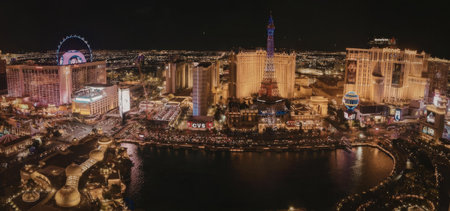 A vibrant nighttime view of the Las Vegas cityscape, showcasing its bright lights and bustling...