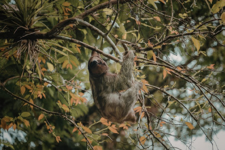 An animal is hanging from a tree branch, surrounded by green leaves and orange flowers.