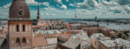 A panoramic view of Riga's historic city center, showcasing a mix of old buildings, a prominent...