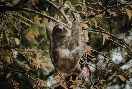 A sloth is hanging from a tree branch, surrounded by green and orange leaves.の写真素材