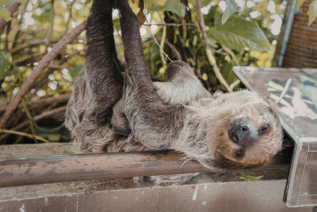 A sloth is hanging upside down on a branch with its long arms and legs visible. The sloth has a...