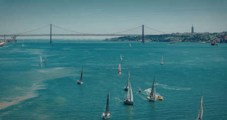 An image of multiple sailboats on a large body of water with a bridge in the background.