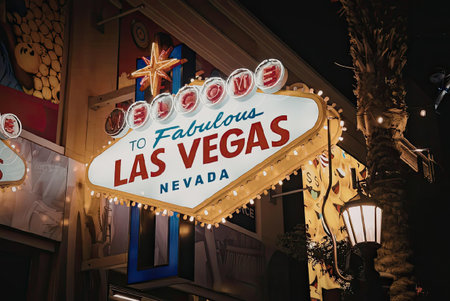 The iconic Las Vegas sign lit up at night, showcasing its vibrant colors and neon lights.の写真素材
