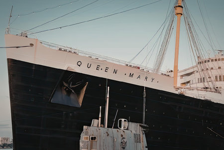 The RMS Queen Mary docked in a harbor with a clear blue sky in the background.