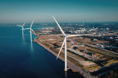 An aerial view of wind turbines along a coastline with a cityscape in the background.