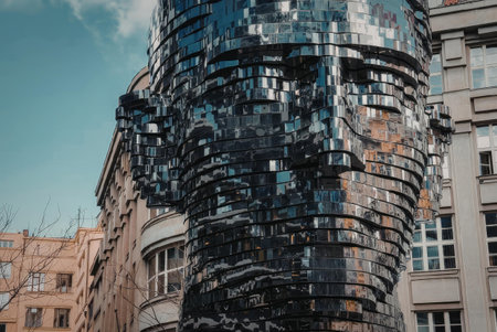 A modern building with a unique, metallic exterior made of small, rectangular pieces, resembling a...