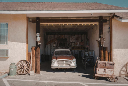 A vintage car is parked in a garage with old wagon wheels and other rustic items on display.の写真素材