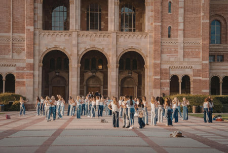 A group of university students standing in front of a large brick building with arched doorways and...