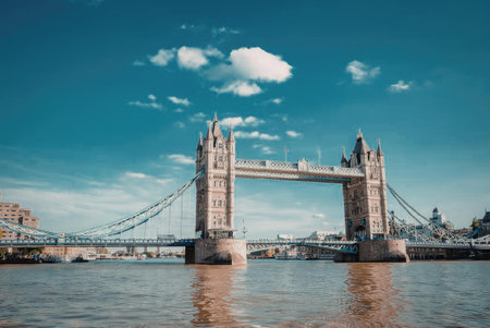 A picturesque view of Tower Bridge in London, showcasing its iconic towers over the River Thames on...