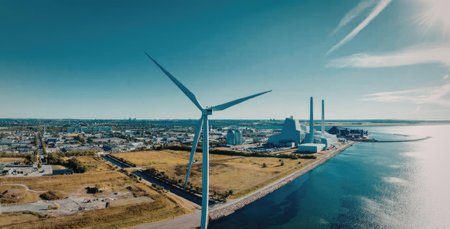 An aerial view of wind turbines standing by the water with industrial buildings and a town in the...