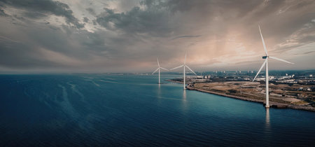 A serene landscape featuring wind turbines standing tall near a body of water during a picturesque...