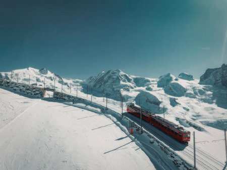 A red train travels along a track through a snowy mountain landscape under a clear blue sky.の写真素材