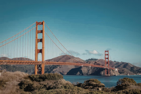 The iconic Golden Gate Bridge standing tall against a clear blue sky, with the San Francisco Bay and...