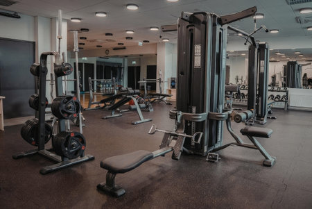 A well-equipped gym interior featuring a range of exercise machines and equipment for a...