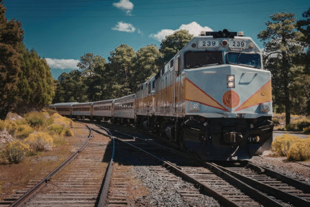 A train is traveling on railroad tracks surrounded by trees and bushes under a blue sky with clouds.