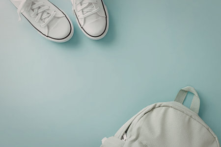 A pale green backpack and a pair of white sneakers on a light blue backgroundの写真素材