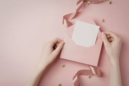 A person sealing a pink envelope with a white insert on a pink background with ribbons and stars