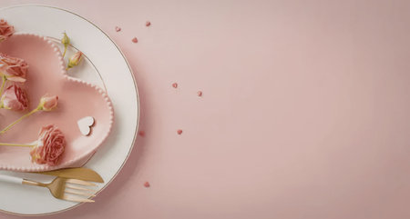 A heart shaped pink cake with flowers on top, served on a white plate with a gold fork, on a pink...