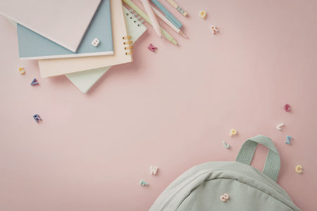 A pastel pink background with a mint green backpack, colorful papers, and stationery items scattered around.の写真素材