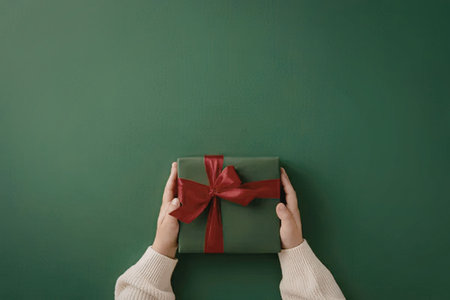 A person wearing a white sweater holding a green gift box with a red ribbon tied in a bow on top...