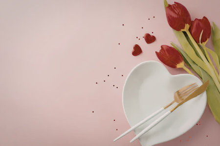 A beautifully arranged table setting with a white plate, utensils, and a vibrant bouquet of red...