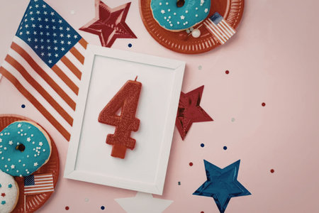 patriotic themed image with american flag, donuts, stars and a candle in the shape of the number 4 on a pink backgroundの写真素材