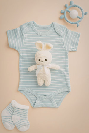 A light blue and white striped baby onesie with a crocheted bunny on it, accompanied by a pair of...