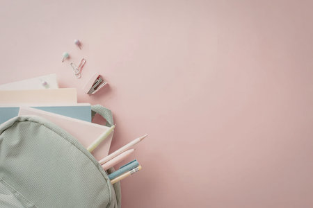 A green backpack with school supplies spilling out onto a pink backgroundの写真素材