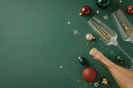 a bottle of champagne and two glasses on a green background with christmas ornamentsの写真素材