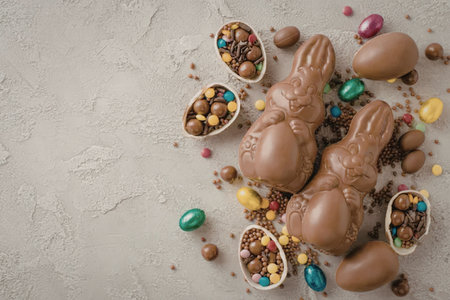 A collection of chocolate Easter bunnies and eggs with colorful candy on a grey surface