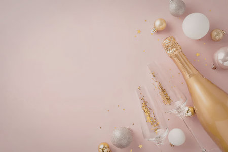 A gold champagne bottle and two glasses on a pink background with gold, white, and silver ornaments.の写真素材